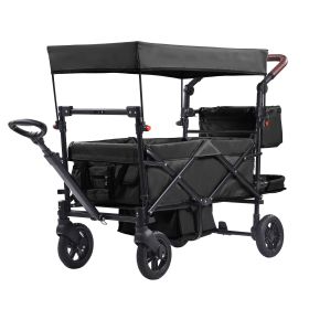 Wagon Stroller for 2 Kids, Push Pull Quad Collapsible Stroller with Adjustable Handle, Encircling Harness Removable Canopy, 4 Wheels with Brakes