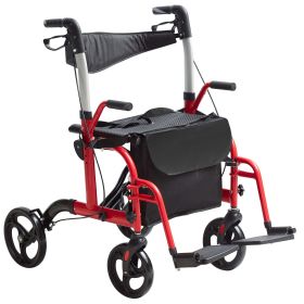 2 in 1 Rollator Walker & Transport Chair for Seniors, Folding Rolling Walker Wheelchair Combo & Footrests (Color: Red)