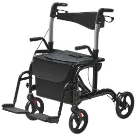 2 in 1 Rollator Walker & Transport Chair for Seniors, Folding Rolling Walker Wheelchair Combo & Footrests (Color: Black)