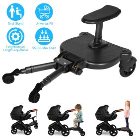 2 In 1 Universal Stroller Board Sit & Stand Buggy Wheeled Board Toddler Stroller Attachment with Detachable Seat for 3-7 Years Old (Color: Black)